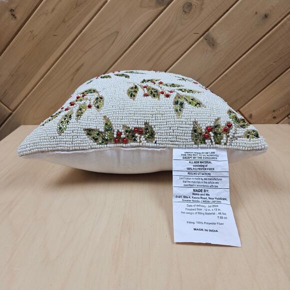 Glitz + Glimmer Beaded Holiday Pillow 12" x 12" Christmas Holly Berry Holiday - Picture 4 of 10